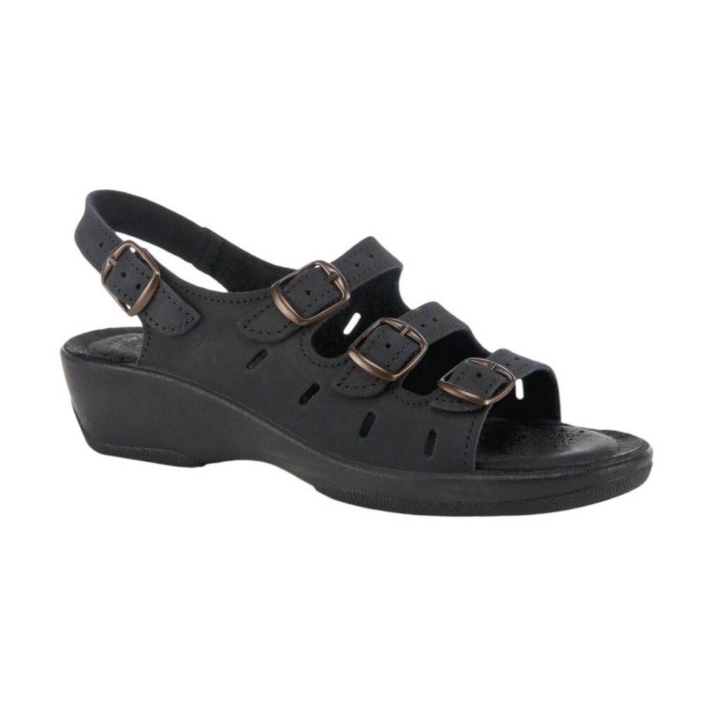 Flexus Italian Black Leather Multi Strap Wedge Sandals Women's Size 42 US 10.5